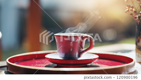 Steam, morning and cup of tea, home and aroma of Oolong, hot and beverage for health benefits and flavor. Vapor, fresh and breakfast with coffee, warm and kohi with antioxidants, smoke and Japan 120980196