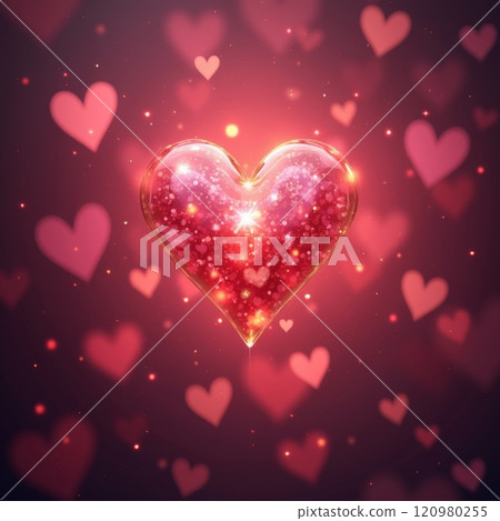 Glowing red heart with sparkles surrounded by blurred pink hearts on a dark background. Valentine's Day celebration concept Glowing red heart with sparkles surrounded by blurred pink hearts on a dark background. Valentine's Day celebration concept 120980255