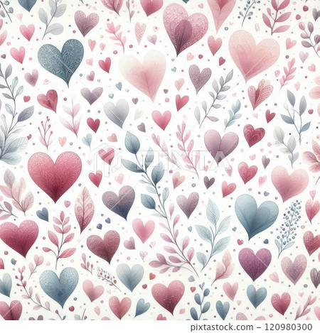 Seamless pattern of decorative hearts and leaves in pastel colors on a white background. Romantic and elegant design for Valentine's Day 120980300