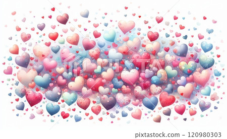 Multicolored hearts in various sizes scattered on a white background. Romantic decoration for Valentine's Day and love-themed designs in watercolor style 120980303