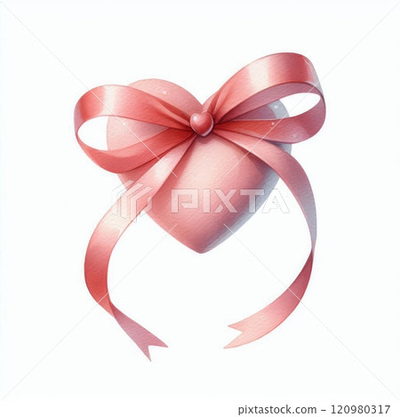 Pink heart with a tied satin ribbon bow isolated on a white background. Romantic symbol for Valentine's Day decoration and design. Watercolor style 120980317