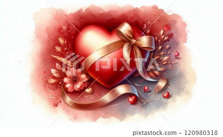 Red heart with a golden ribbon surrounded by flowers and decorative elements on a watercolor background. Romantic design for Valentine's Day 120980318