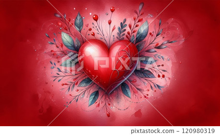 Red heart with decorative leaves and berries on a vibrant red background. Romantic floral design for Valentine's Day and celebrations. Watercolor style 120980319