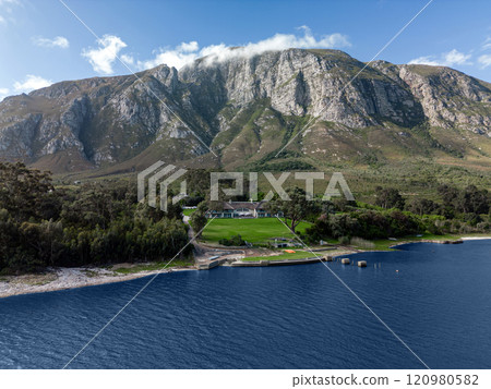 Bay coast landscape, hotel territory. Hermanus Klein River Lagoon, Aerial photo Bay coast landscape, hotel territory. Hermanus Klein River Lagoon, Aerial photo 120980582
