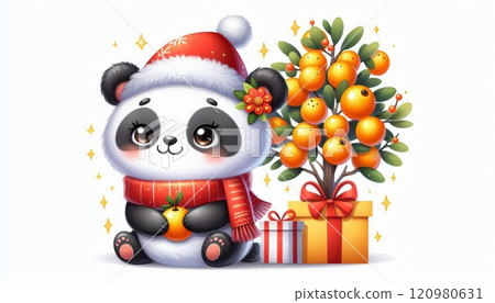 Christmas panda in a Santa hat holding an fruit next to a decorated potted kumquat tree and gift box. Watercolor illustration on white background 120980631