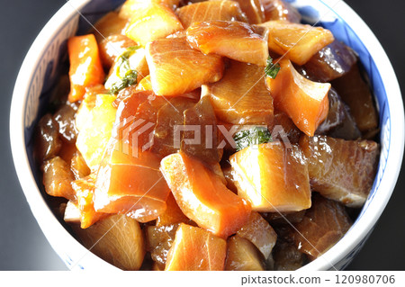 A luxurious, heaping bowl of pickled seafood photographed against a black background A luxurious, heaping bowl of pickled seafood photographed against a black background 120980706