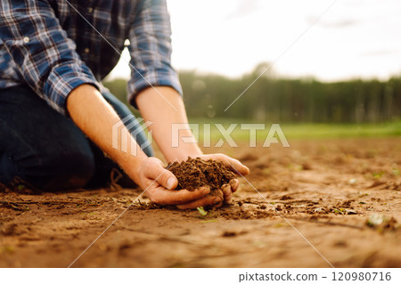 Soil is in the strong hands of a farmer on a black field. Agriculture or gardening concept. 120980716