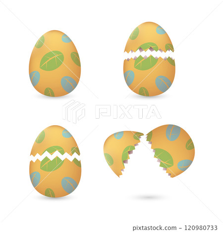 Cracked easter eggs with leaves set 120980733