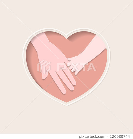 Hand of baby holding mother finger in heart shaped paper cutting art 120980744