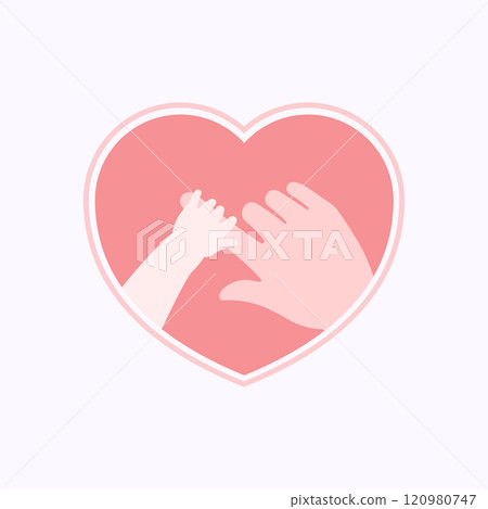 Hand of baby holding big finger in heart shaped flat design 120980747