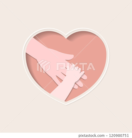 Hand of baby holding big hand in heart shaped paper art 120980751