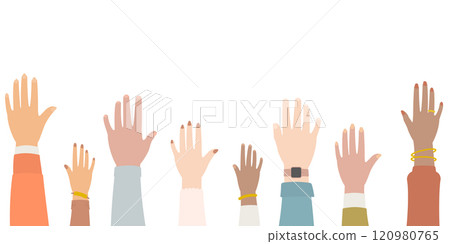 Hands of diverse people raising 120980765