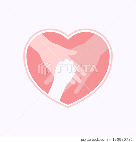 Paw on two hands in heart shaped flat silhouette Paw on two hands in heart shaped flat silhouette 120980785