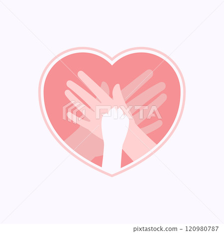 Paw on two hands stacking in heart shaped flat silhouette 120980787