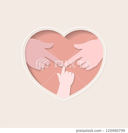 Three fingers of family members touching in heart shaped paper cutting art Three fingers of family members touching in heart shaped paper cutting art 120980799