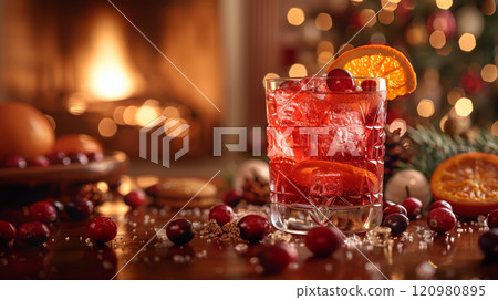 A holiday table set with glasses of cranberry orange fresh juice, each adorned with orange peel and cranberries 120980895