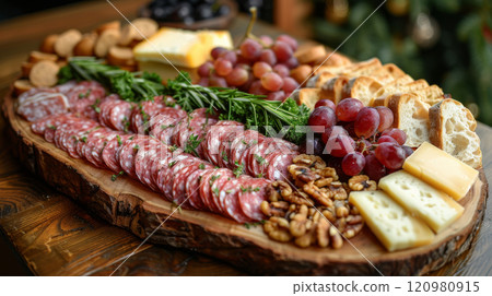 An elegantly arranged wooden serving platter in a refined restaurant setting featuring mixed charcuterie meats and cheeses. The platter includes salami, prosciutto, Gouda, and Cheddar, accompanied by 120980915