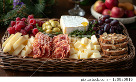 An elegantly arranged woven wicker tray in a sophisticated restaurant setting featuring a selection of local artisan cheeses. The tray includes seasonal fruits like berries and sliced apples, along 120980916