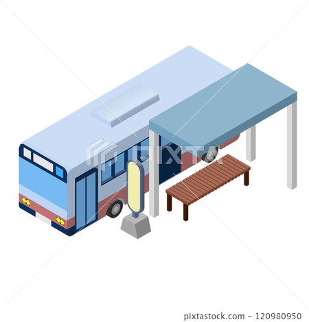 一輛公車停在公車站的等距插圖,左視圖。沒有主線。 一輛公車停在公車站的等距插圖,左視圖。沒有主線。 120980950
