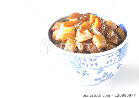 A luxurious, heaping bowl of pickled seafood with plenty of ingredients photographed on a white background A luxurious, heaping bowl of pickled seafood with plenty of ingredients photographed on a white background 120980977