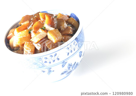 A luxurious, heaping bowl of pickled seafood with plenty of ingredients photographed on a white background A luxurious, heaping bowl of pickled seafood with plenty of ingredients photographed on a white background 120980980