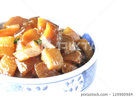 A luxurious, heaping bowl of pickled seafood with plenty of ingredients photographed on a white background 120980984