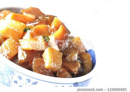 A luxurious, heaping bowl of pickled seafood with plenty of ingredients photographed on a white background 120980985