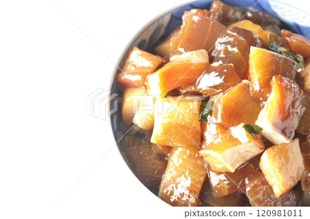 A luxurious, heaping bowl of pickled seafood with plenty of ingredients photographed on a white background 120981011