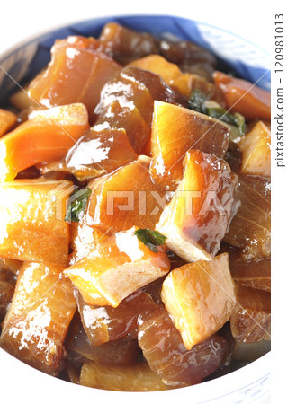 A luxurious, heaping bowl of pickled seafood with plenty of ingredients photographed on a white background 120981013
