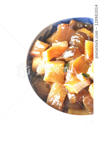 A luxurious, heaping bowl of pickled seafood with plenty of ingredients photographed on a white background A luxurious, heaping bowl of pickled seafood with plenty of ingredients photographed on a white background 120981014