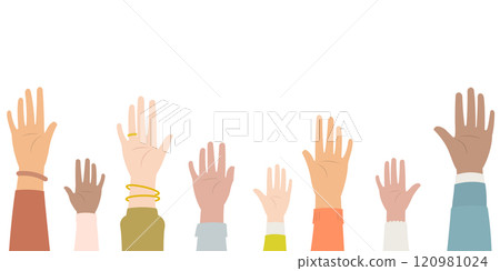Hands of diverse people raising front side Hands of diverse people raising front side 120981024