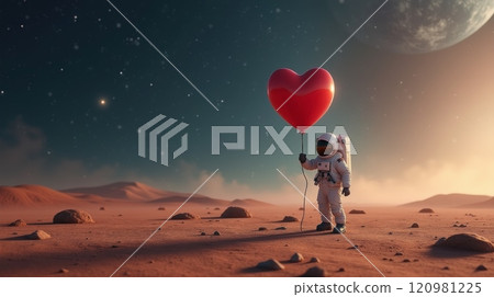 Astronaut holding a red heart-shaped balloon on a barren alien landscape with stars and planets in the sky. Love in space concept 120981225