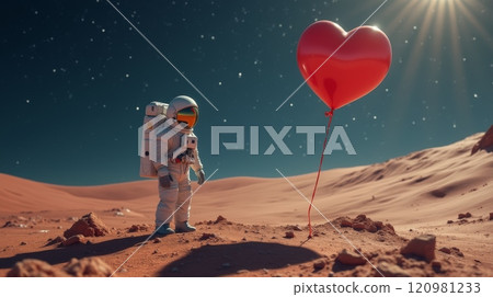Astronaut in spacesuit standing on Mars next to a red heart-shaped balloon under a starry sky. Space exploration and love concept Astronaut in spacesuit standing on Mars next to a red heart-shaped balloon under a starry sky. Space exploration and love concept 120981233
