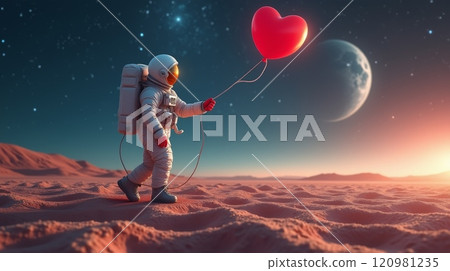 Astronaut walking on Mars holding a red heart-shaped balloon with the Earth and stars visible in the background Astronaut walking on Mars holding a red heart-shaped balloon with the Earth and stars visible in the background 120981235