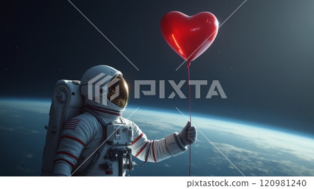 Astronaut holding a red heart shaped balloon in outer space with Earth and stars in the background. Love and exploration concept 120981240