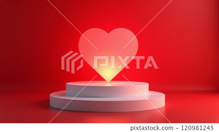 Red heart shape illuminated on a white podium against a vibrant red background. Minimalist 3D mockup design for romantic and festive themes, copy space Red heart shape illuminated on a white podium against a vibrant red background. Minimalist 3D mockup design for romantic and festive themes, copy space 120981245