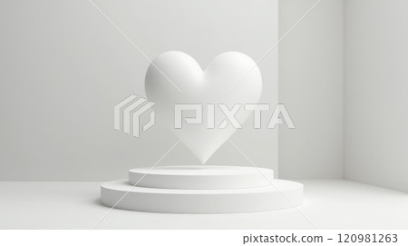 White heart hovering above a cylindrical pedestal on white wall background. Minimalist romantic mock up design concept, copy space White heart hovering above a cylindrical pedestal on white wall background. Minimalist romantic mock up design concept, copy space 120981263