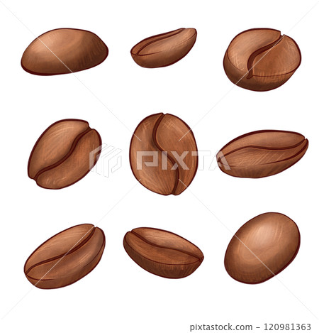 A collection of hand-drawn coffee beans with realistic textures and rich brown tones. Illustration showcasing individual coffee bean shapes and natural variations. Perfect for specialty cafe visuals 120981363