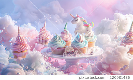 A beautifully arranged dessert display in a restaurant setting featuring an assortment of pastel unicorn cupcakes 120981486