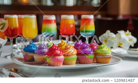 Rainbow-Themed Cupcakes Centerpiece in Cozy Restaurant Setting Rainbow-Themed Cupcakes Centerpiece in Cozy Restaurant Setting 120981487
