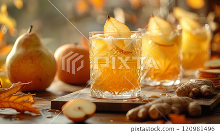 Cozy Autumn Table with Pear Ginger Fresh Juice, Garnished with Pear Slices and Ginger Cozy Autumn Table with Pear Ginger Fresh Juice, Garnished with Pear Slices and Ginger 120981496