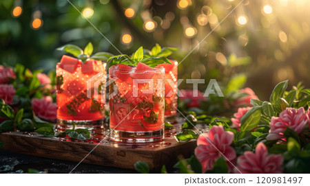 Garden Party Table with Watermelon Basil Juice, Garnished with Basil Leaves and Watermelon Cubes Garden Party Table with Watermelon Basil Juice, Garnished with Basil Leaves and Watermelon Cubes 120981497