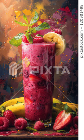 Chilled Fresh Fruit Blend with Banana, Strawberry, Raspberry, Yogurt, and Ice 120981498