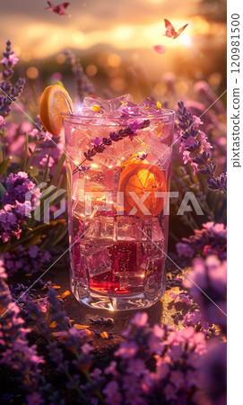 Lavender Lemonade with Floating Lavender Petals and Lemon Zest 120981500