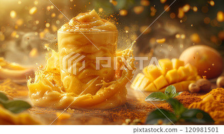 Magical Mango Lassi Floating with Swirls of Mango Puree and Yogurt 120981501