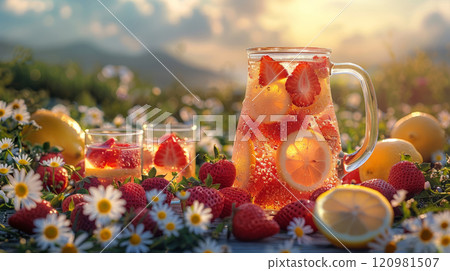 Picnic Table with Pitcher of Strawberry Lemonade and Glasses Garnished with Lemon Slices and Fresh Strawberries 120981507
