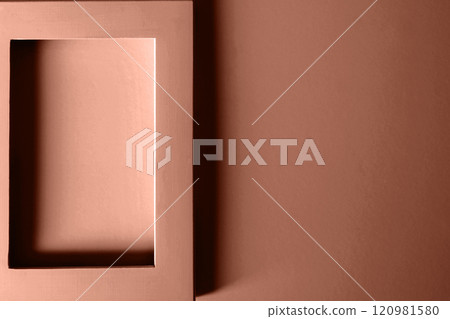 Color of the year, 2025, mocha mousse, Empty frame on white background. Flat lay, top view. frame design. Empty space. Template for a greeting card. 120981580