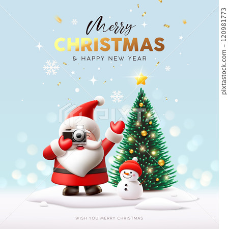 Merry Christmas and Happy new year, Santa claus hand holding photo camera, snowman Merry Christmas and Happy new year, Santa claus hand holding photo camera, snowman 120981773
