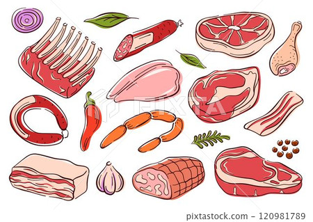 Set of various colorful meat in line art style. Sausages and cuts, ribs, steak, bacon, chicken and ham, fresh herbs, garlic and chili pepper. Perfect for culinary or butcher theme. Set of various colorful meat in line art style. Sausages and cuts, ribs, steak, bacon, chicken and ham, fresh herbs, garlic and chili pepper. Perfect for culinary or butcher theme. 120981789