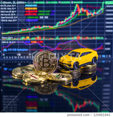 Bitcoin and car model with graph background Bitcoin and car model with graph background 120981842